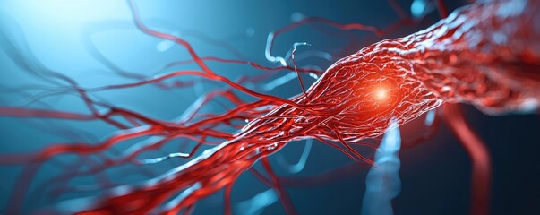 Poster - Close-up of red neuron structure on a blue background, isolated view.