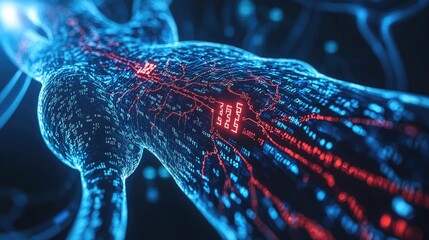 Poster - Futuristic human body with glowing digital circuits and neural connections.