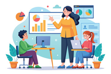 Poster - a female manager teaches statistics to employees in an office, using charts and graphs for clarity, 