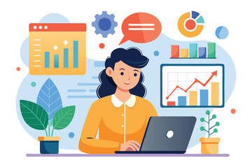 Poster - A woman analyzes financial data charts on a laptop while surrounded by plants and graphs, Woman worker analyzing digital data and charts in a flat illustration.