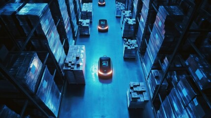 Poster - Birds Eye View of Automated Robots in Warehouse