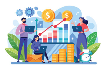 Poster - Characters focus on finance growth, analyzing charts and trends while surrounded by digital devices and visuals, Analyzing growth chart with a flat illustration.