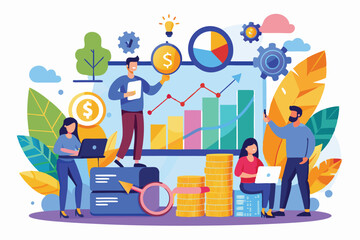 Poster - Diverse characters are analyzing data and financial trends using laptops and charts in a lively setting, Analyzing growth chart with a flat illustration.