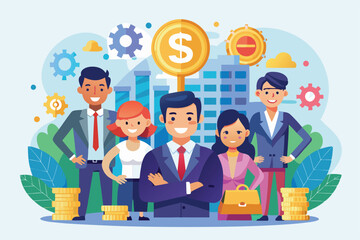 Poster - a diverse group of finance leaders stands confidently with a backdrop of city buildings and financia