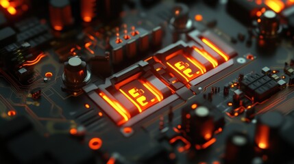 Poster - A close-up view of a circuit board with glowing components, showcasing technology's intricacies.