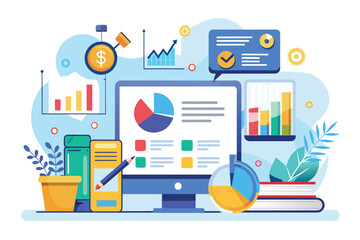Poster - The workspace showcases a financial analysis report with colorful graphs, charts, and infographics, Financial analysis report with infographic and statistics in a flat illustration concept.