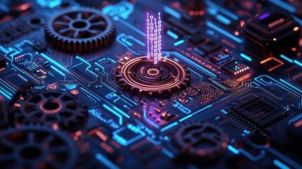 Aufkleber - Macro view of electronic circuit with glowing elements and gears.