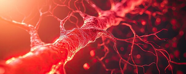 Aufkleber - Close-up of a neuron structure, showcasing intricate red details against a blurred background.