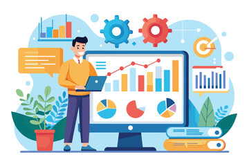 Poster - A professional reviews statistical data using a laptop next to colorful charts and graphs on a screen, Find and analyze statistical data on company performance indicators, using a flat illustration.