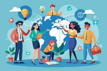 Poster - a diverse group of professionals discusses ideas for international business collaboration and growth