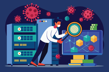 Poster - A researcher inspects data on a computer screen to identify viruses in storage systems, Find viruses in storage using a flat illustration.