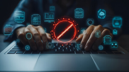 Poster - A person is typing on a laptop with a red circle and a no sign. Concept of urgency and importance, as the person is likely working on a critical task or deadline
