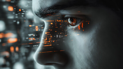 Poster - A man's face is shown with a computer screen behind him. The man's eyes are open and staring at the screen. Concept of curiosity and focus, as if the man is trying to understand what is on the screen