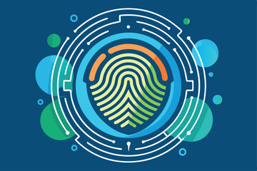 Poster - This illustration features a vibrant fingerprint design on a blue background, highlighting security concepts, Fingerprint security, simple illustration