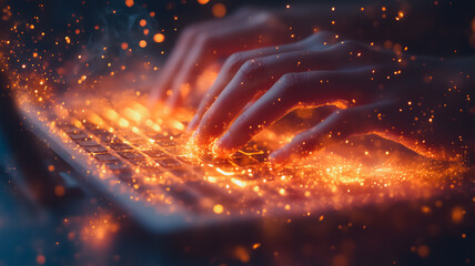 Poster - A person's hand is typing on a keyboard with sparks flying around it. Concept of energy and excitement, as if the person is typing at a fast pace or working on something important