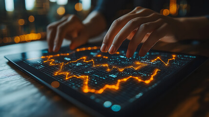 Poster - A person is typing on a tablet with a graph on the screen. The graph is showing a downward trend, which could indicate a negative outcome or a decrease in value
