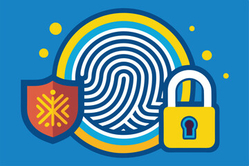 Poster - A fingerprint design is depicted alongside a lock and shield, highlighting security features effectively, Fingerprint security, simple illustration