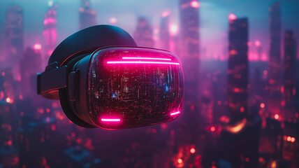 Aufkleber - A virtual reality headset is flying over a city at night. The city is lit up with neon lights, creating a futuristic and exciting atmosphere. The VR headset is the main focus of the image