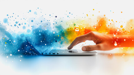 Poster - a hand is typing on a laptop keyboard with a colorful background. concept of creativity and producti