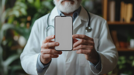 Poster - A man in a white lab coat holding a cell phone. The man is smiling