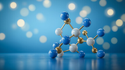 Poster - A blue and white molecule is shown on a blue background. The molecule is made up of many small spheres, and it is a model of a molecule. The blue and white colors give the image a sense of calm