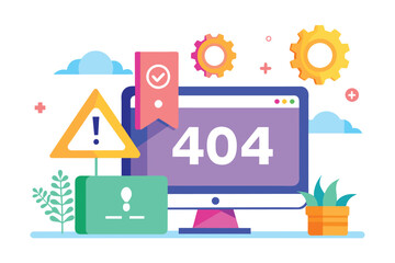 Poster - A vibrant flat illustration features a computer displaying a 404 error, adorned with gears and plants, Fixed 404 errors with flat illustration.