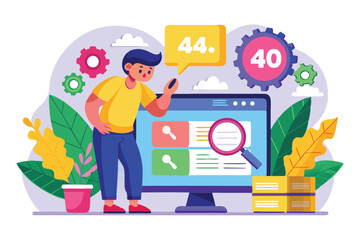 Poster - A person stands near a computer screen, examining data and trends surrounded by decorative elements, Fixed trending 404 errors with flat illustration.