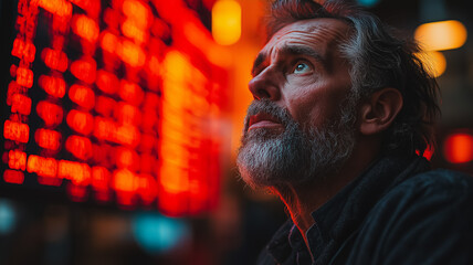 Poster - A man with a beard and gray hair is looking at a red screen. The man is focused on the screen, possibly watching the stock market