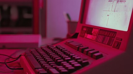 Poster - A vintage computer with a glowing screen in a dimly lit environment.