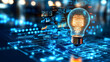 © Studios - Abstract digital background with a light bulb and data technology elements on blue glowing lights, representing an innovation concept