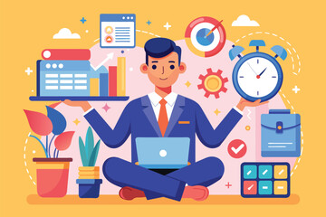 Poster - A focused individual juggles several tasks while using technology in a vibrant workspace filled with tools, Flat illustration concept depicting multitasking, time management, and productivity.