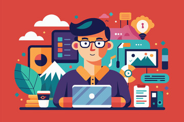 Poster - A multimedia creator focuses on his laptop, surrounded by charts, nature, and tech icons in a vibrant setting, Flat illustration created by multimedia creator.