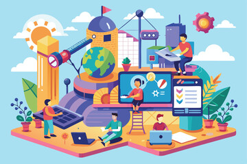 Poster - This illustration portrays individuals working together on various tech projects in a lively, collaborative setting, flat illustration development