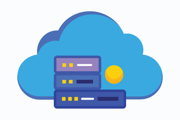 Poster - A blue cloud design featuring server racks and a sun, representing cloud computing and storage technology, Flat illustration of a blue vector representing cloud storage.