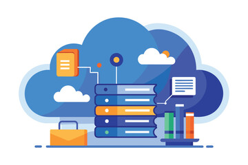 Poster - A blue flat illustration features a cloud with data storage books, documents, and charts on a table, Flat illustration of a blue vector representing cloud storage.