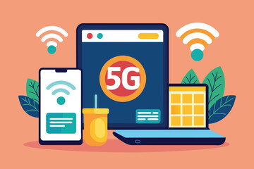 Poster - A vibrant flat illustration showcases a laptop and phone featuring a 5G connection, highlighting digital activity, Flat illustration of a laptop and phone labeled '5G'.