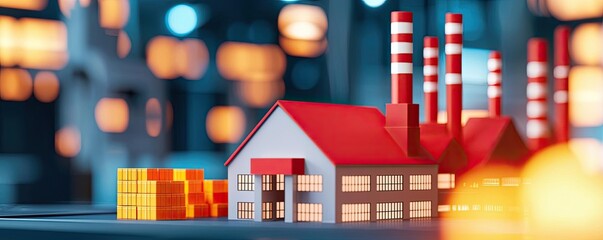 Poster - Miniature factory model with red roof, industrial background and stacked containers.