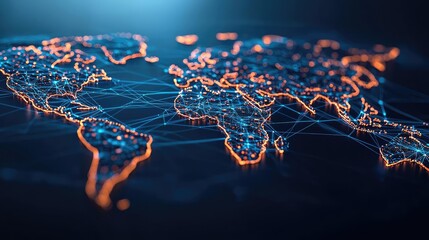 Poster - Digital world map with glowing connections on a dark background.