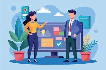Poster - A man and woman engage in a discussion about marketing strategies in an office environment, Man and woman standing in front of a big flat paper illustration.