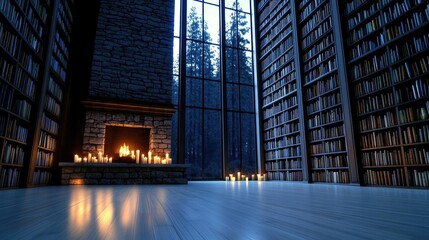 Poster - Cozy library interior with a fireplace and bookshelves, glowing candlelight ambiance.