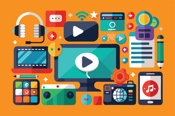 Poster - A vibrant collection of multimedia icons showcasing various technology and creative tools on an orange backdrop, Flat illustration of a multimedia icon set.