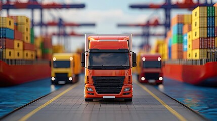 Poster - Red delivery truck driving through a busy shipping port.