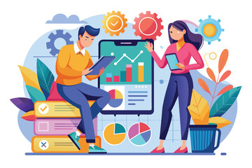 Poster - A man and woman engage in data analysis, reviewing a chart and discussing business insights in an office, Flat illustration of a woman and man checking charts on a phone.