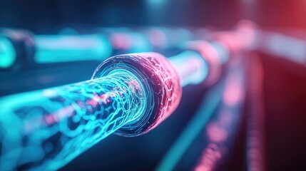 Fototapete - Close-up view of glowing technology tubes with vibrant colors and futuristic design.
