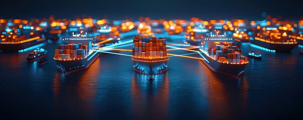 Poster - Illuminated cargo ships in harbor, showcasing maritime logistics at night.