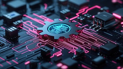 Poster - Close-up of a circuit board with glowing components, detailed and vibrant design.