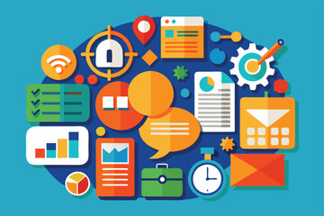 Poster - A colorful collection of flat icons illustrating concepts of data, technology, and communication elements, Flat illustration of an infographic set icon.