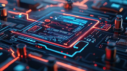 Poster - Close-up view of a circuit board with glowing blue and red elements, high-tech design.