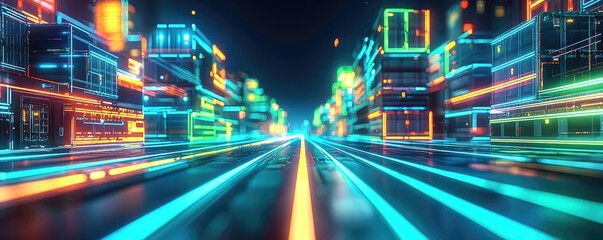 Poster - Futuristic cityscape with vibrant neon lights and dynamic road, digital artwork.