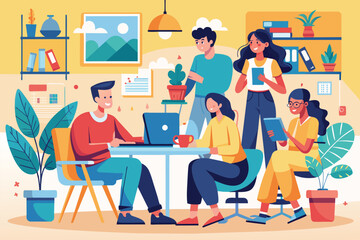Poster - a group of people engage in teamwork, sharing ideas and working at a workspace filled with plants, f